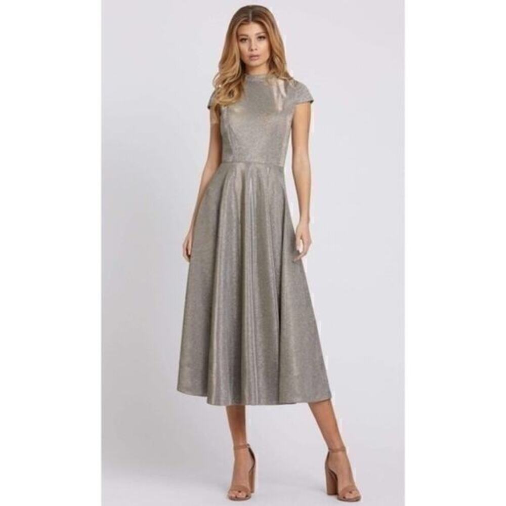 Ieena for Mac Duggal 26151 Tea Length Metallic Silver Glitter A-Line Cap Dress 2